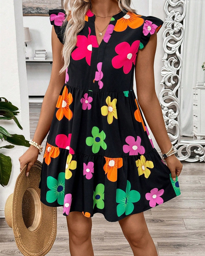 BEAUTIFUL I AM Ruffled Printed Notched Cap Sleeve Dress