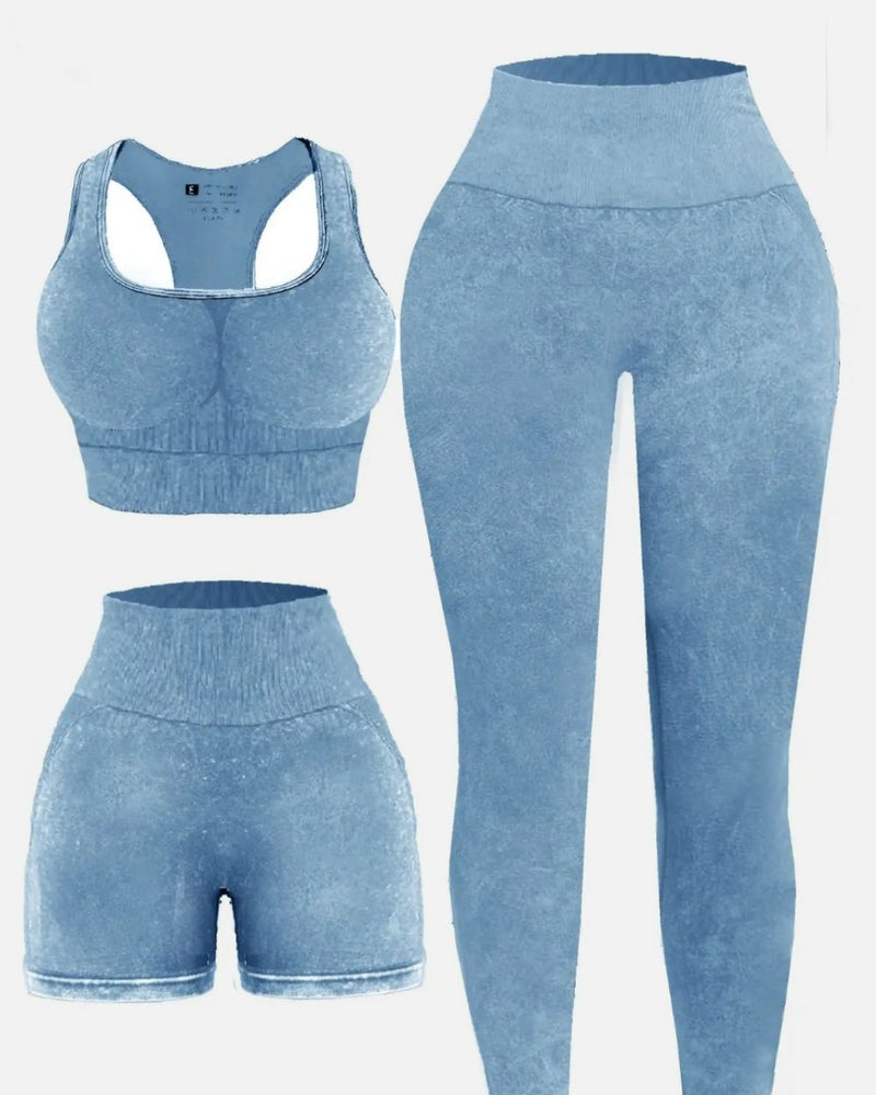BEAUTIFUL I AM 3 Piece Washed Square Neck Wide Strap Active Wear Set