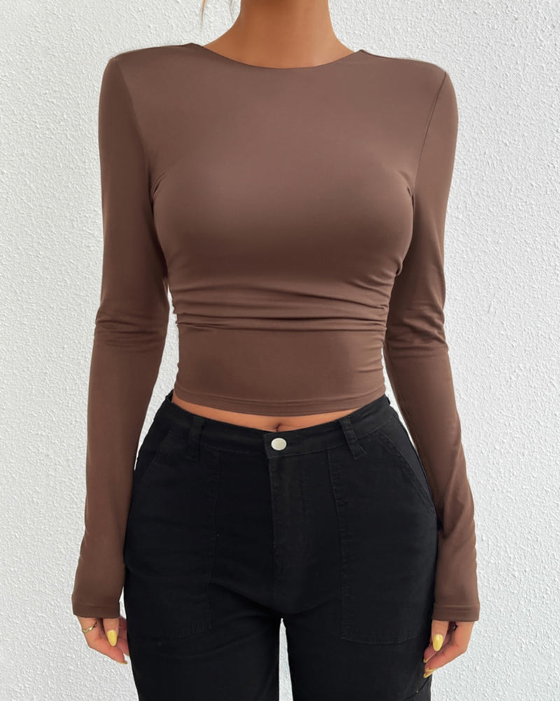 BEAUTIFUL I AM Backless Round Neck Long Sleeve Shirt