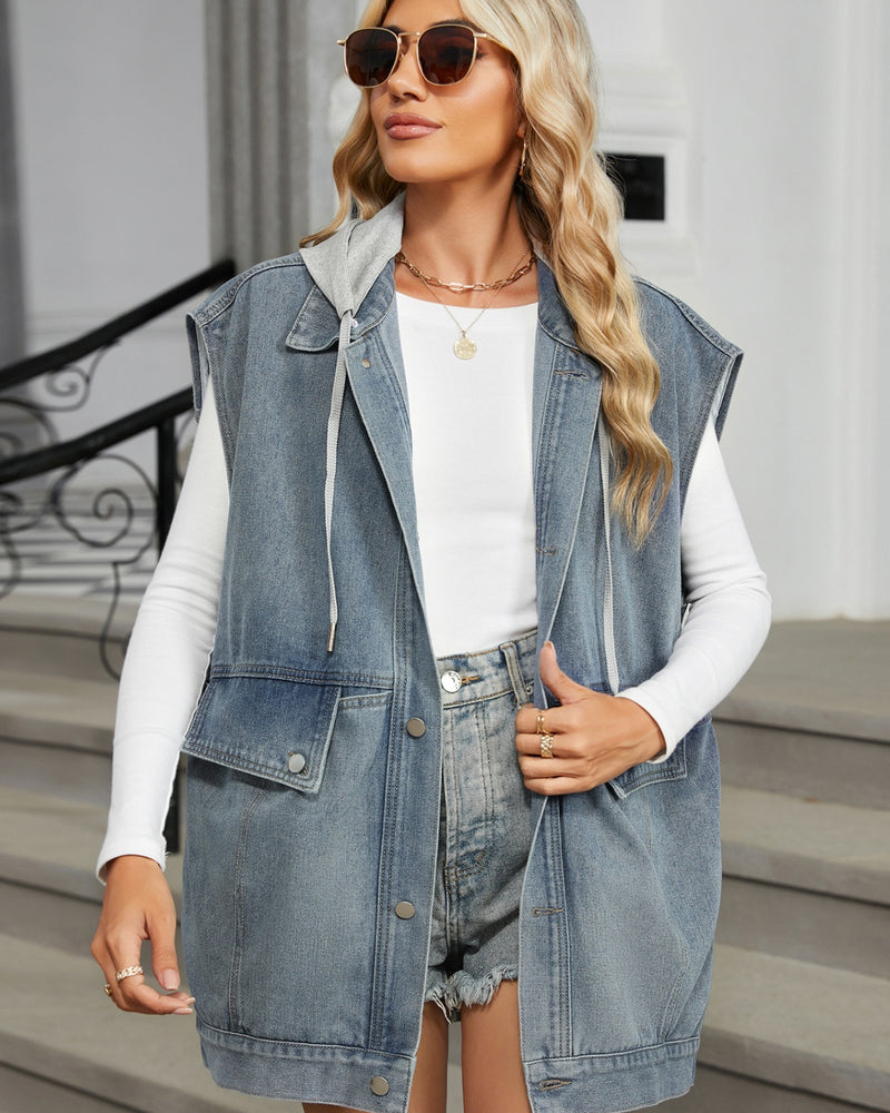 BEAUTIFUL I AM Removable Hood Button Up Cap Sleeve Denim Jacket