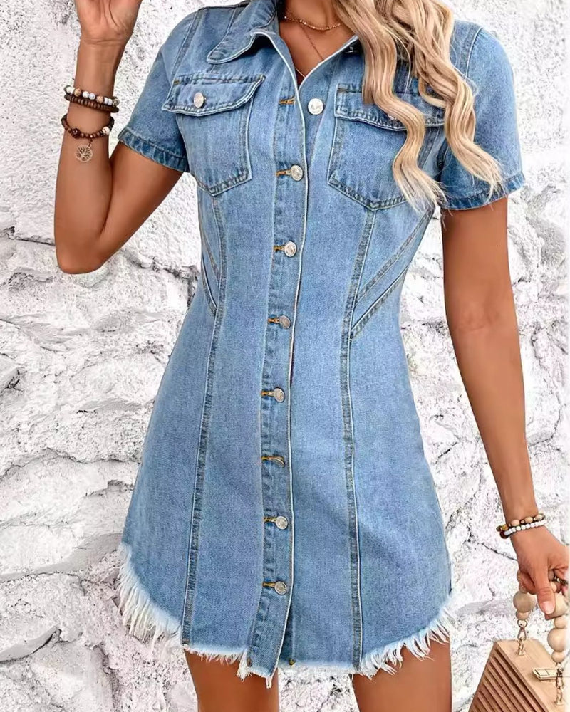 BEAUTIFUL I AM Raw Hem Button Up Short Sleeve Denim Dress