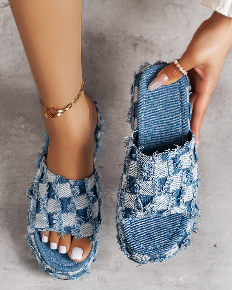 BEAUTIFUL I AM Plaid PU Leather Platform Sandals Shoes