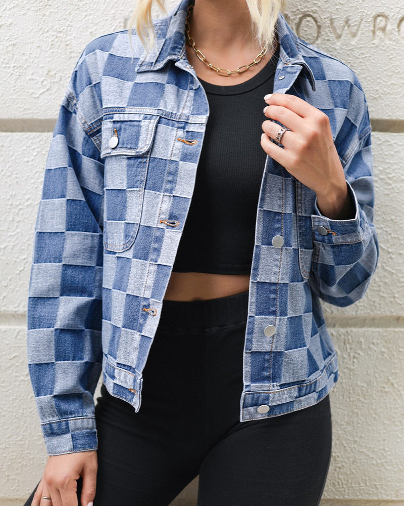 BEAUTIFUL I AM Checkered Button Up Long Sleeve Denim Jacket