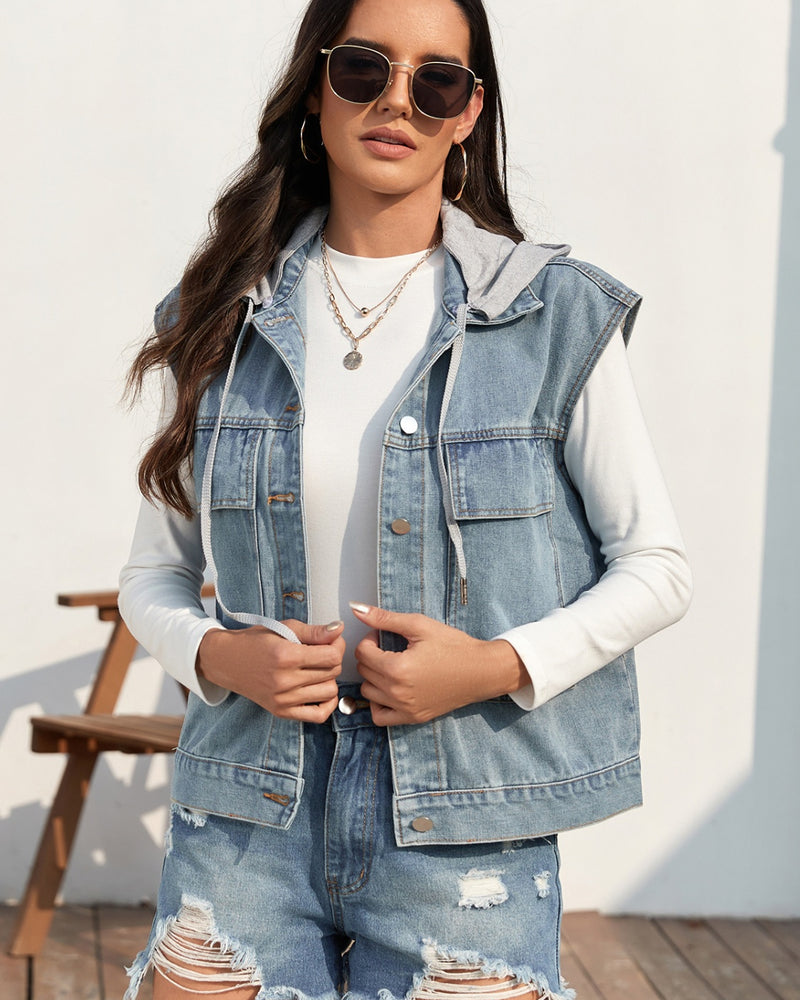 BEAUTIFUL I AM Drawstring Button Up Sleeveless Denim Jacket