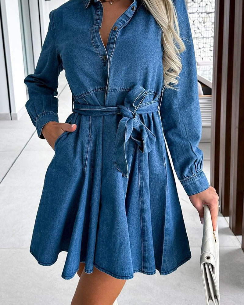 BEAUTIFUL I AM Tied Half Button Long Sleeve Denim Dress