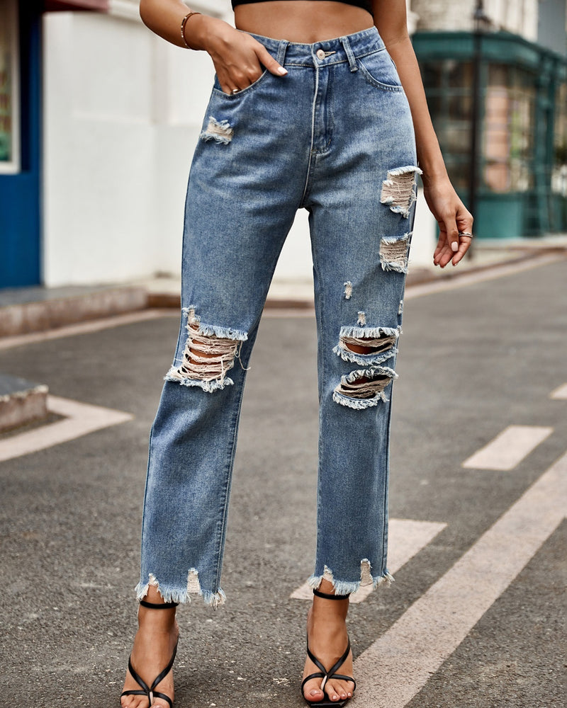 BEAUTIFUL I AM Distressed Raw Hem Jeans with Pockets