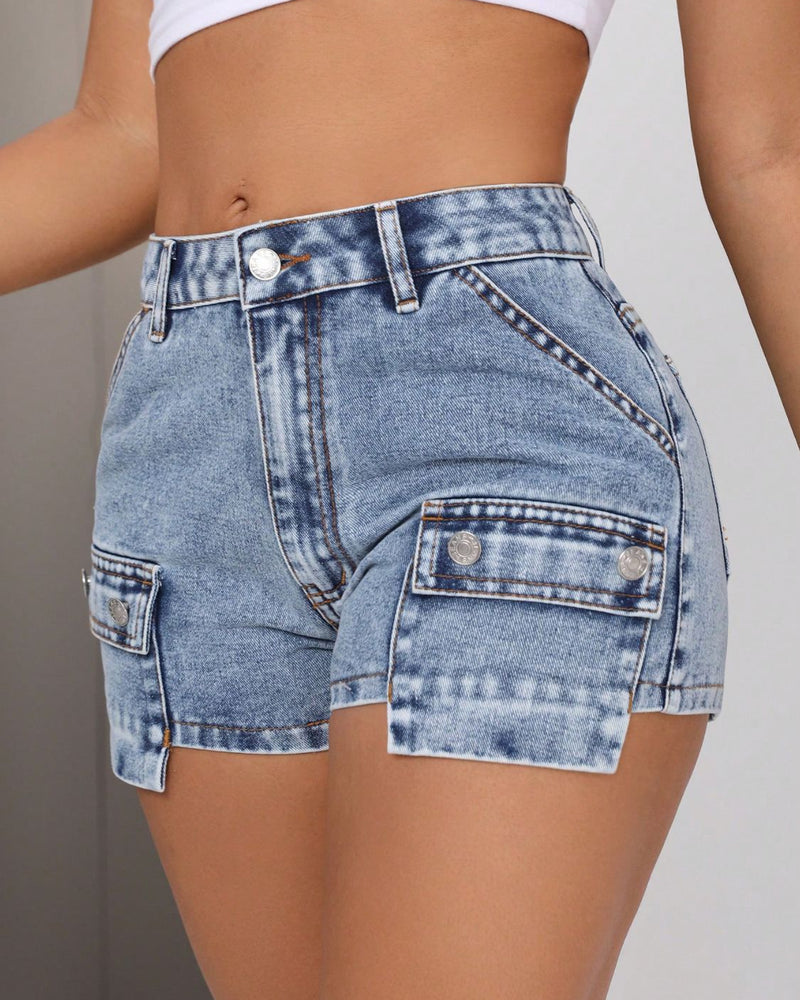 BEAUTIFUL I AM Mid-Rise Waist Denim Shorts with Pockets