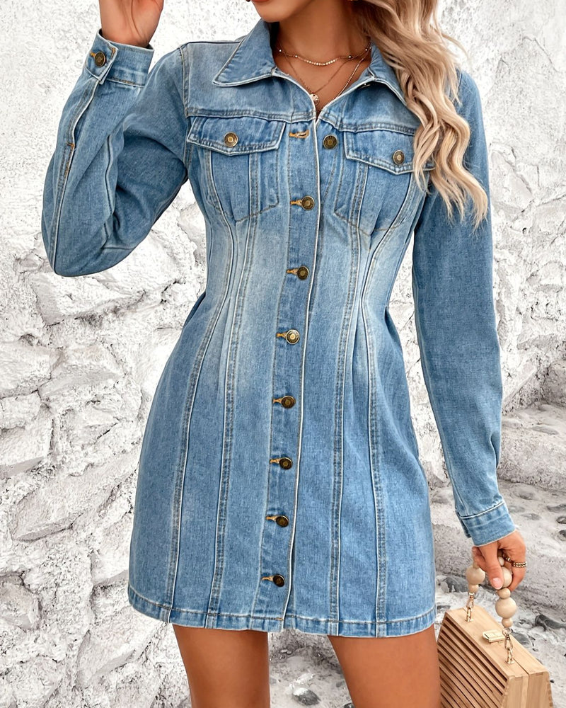 BEAUTIFUL I AM Pocketed Button Up Long Sleeve Denim Dress