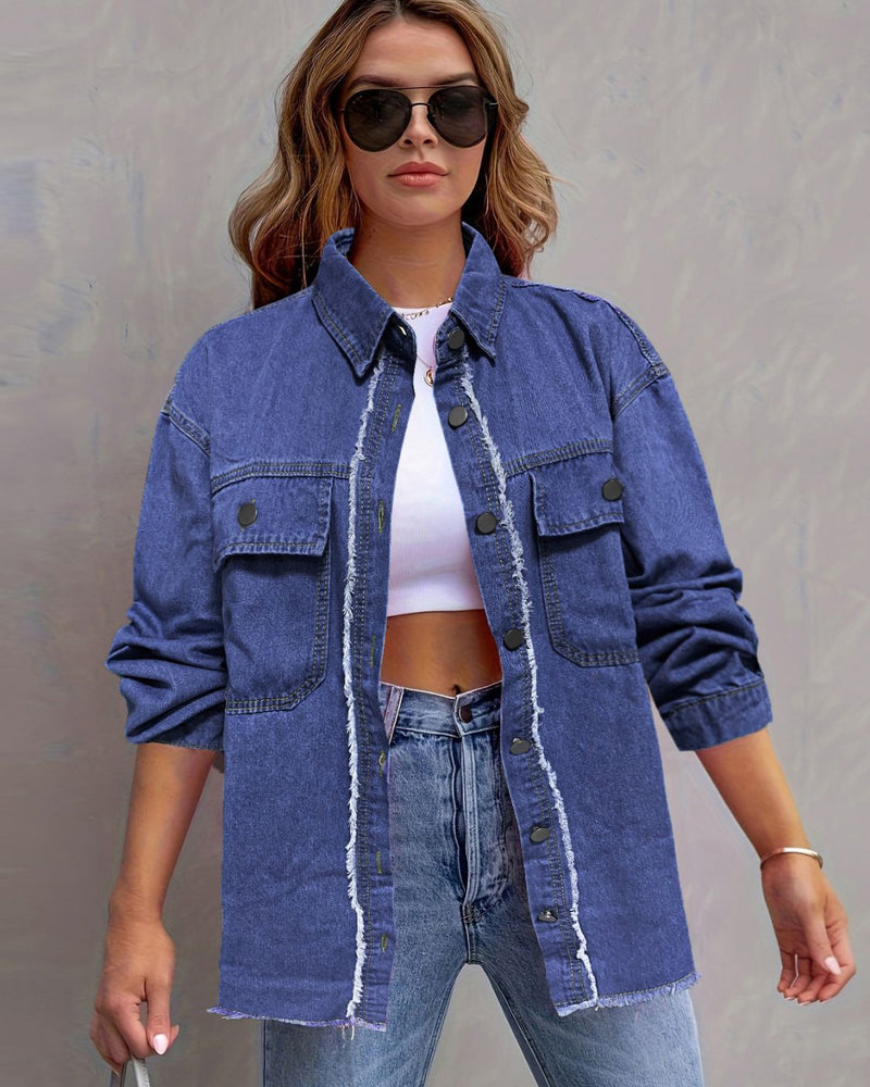 BEAUTIFUL I AM Pocketed Collared Neck Long Sleeve Denim Shirt