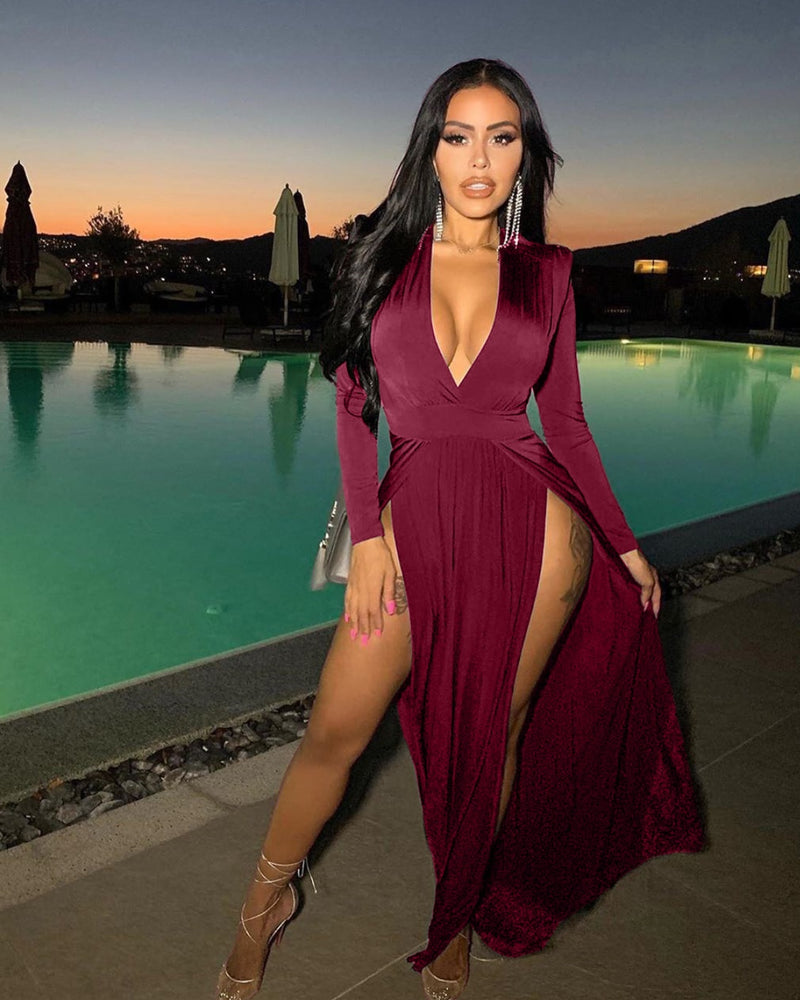 BEAUTIFUL I AM Slit Plunge Long Sleeve Dress