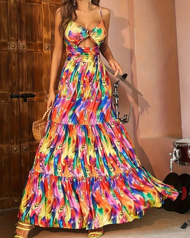 BEAUTIFUL I AM Cutout Printed Maxi Cami Dress