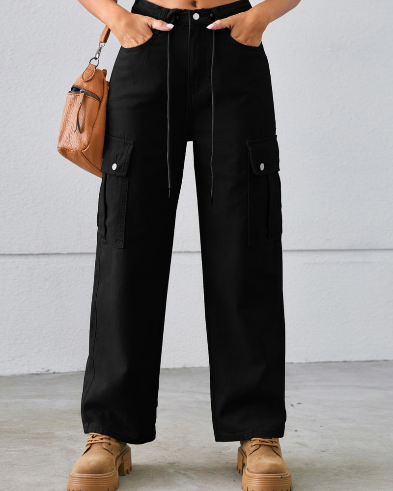 BEAUTIFUL I AM Drawstring Mid-Rise Waist Straight Cargo Jeans