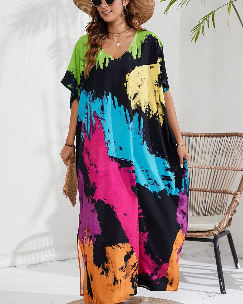 BEAUTIFUL I AM Slit Printed V-Neck Short Sleeve Cover Up Dress