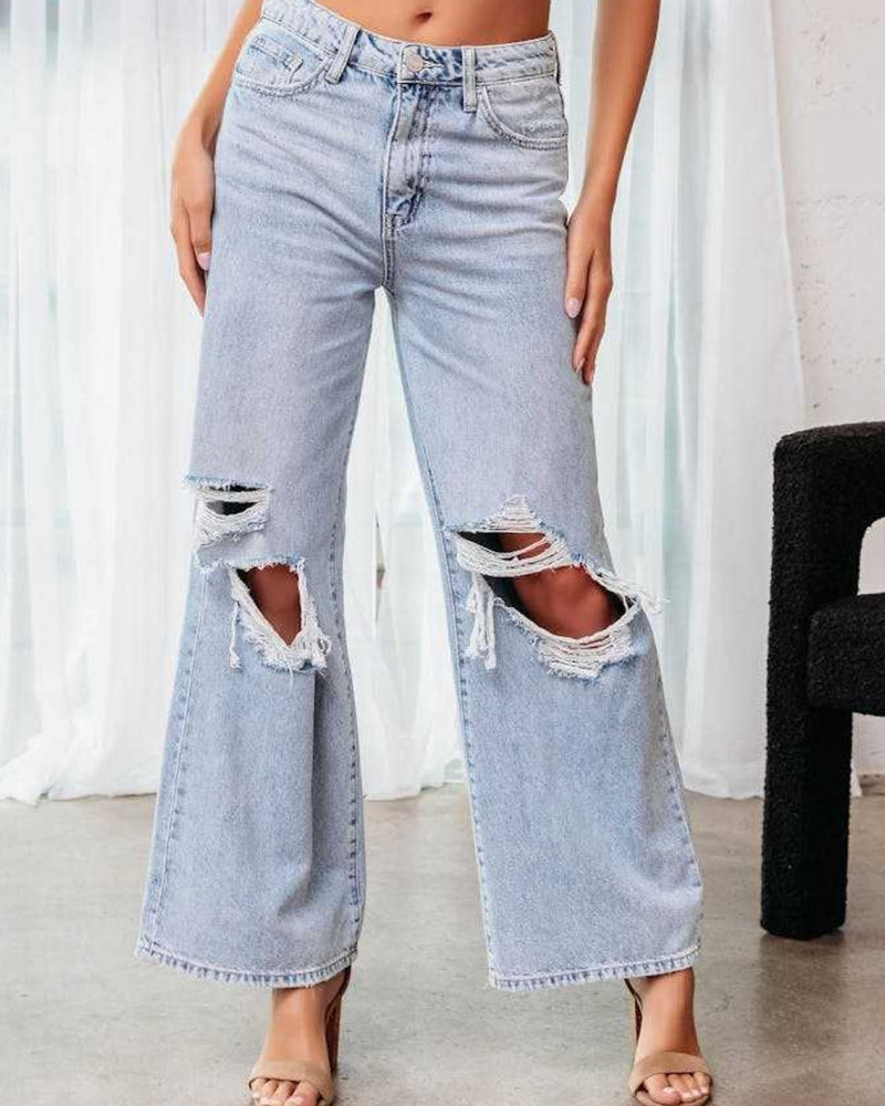 BEAUTIFUL I AM Distressed Wide Leg Jeans with Pockets