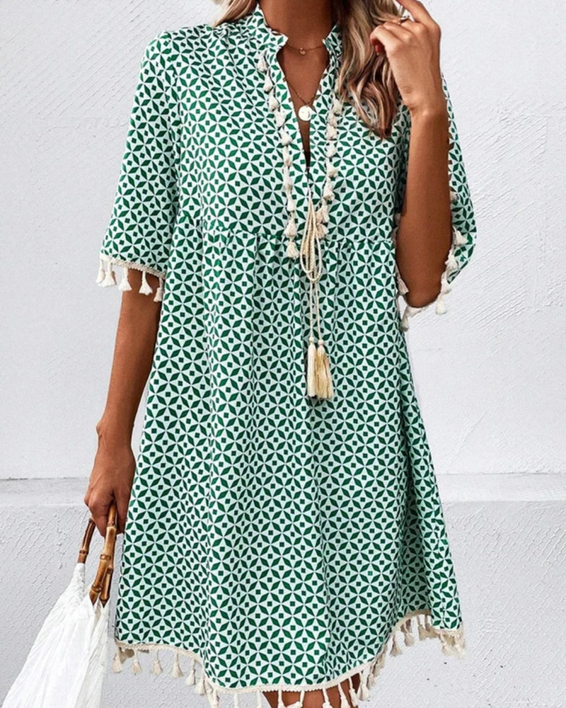 BEAUTIFUL I AM Tassel Printed Notched Half Sleeve Mini Dress