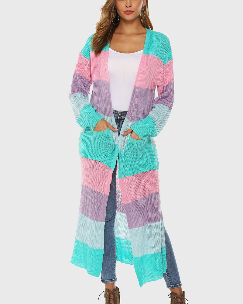 BEAUTIFUL I AM Color Block Long Sleeve Pocketed Cardigan