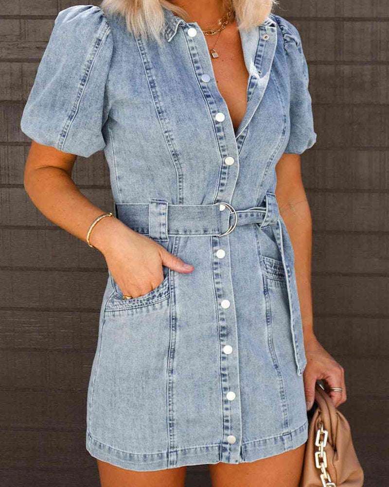 BEAUTIFUL I AM Puff Sleeve Button Up Mini Denim Dress