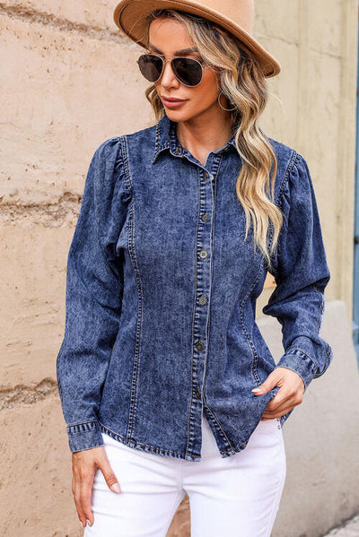 BEAUTIFUL I AM Button Up Collared Neck Denim Top Shirt