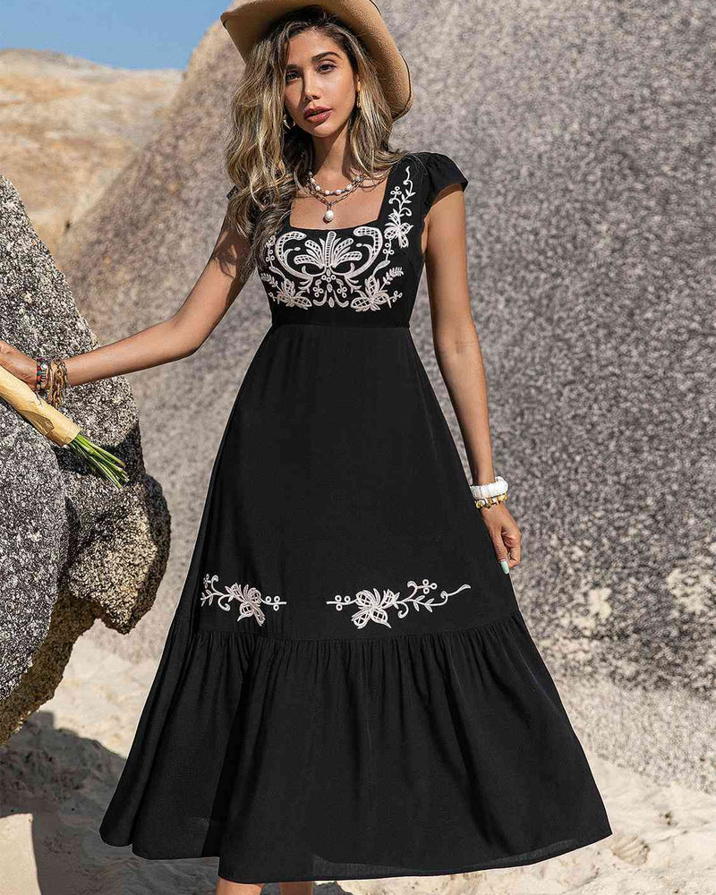 BEAUTIFUL I AM Embroidered Square Neck Ruffle Hem Dress