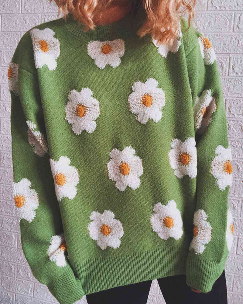 BEAUTIFUL I AM Flower Round Neck Long Sleeve Sweater