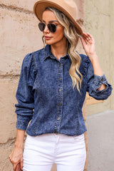 BEAUTIFUL I AM Button Up Collared Neck Denim Top Shirt