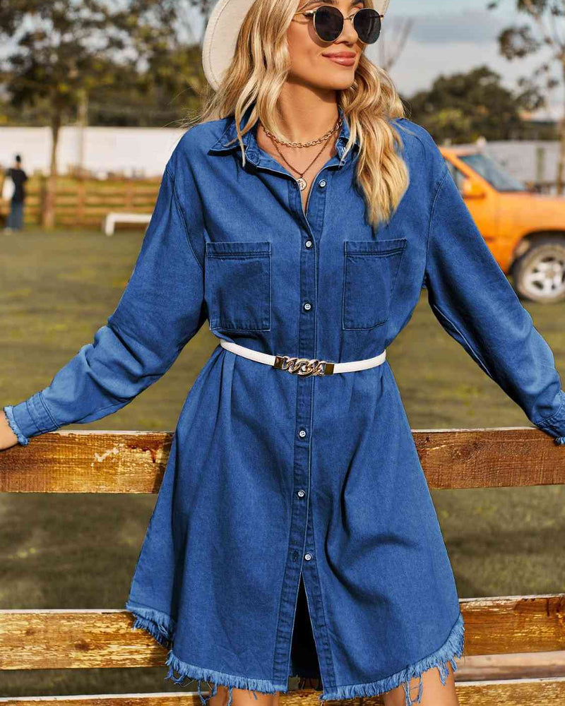 BEAUTIFUL I AM Button Up Collared Neck Raw Hem Denim Dress
