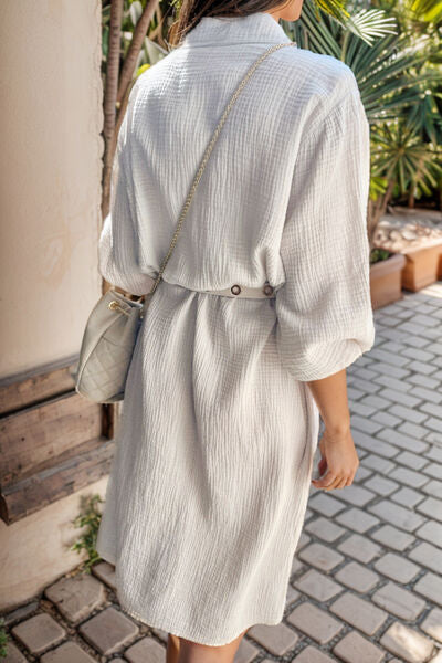 BEAUTIFUL I AM Texture Button Up Collared Neck Shirt Dress