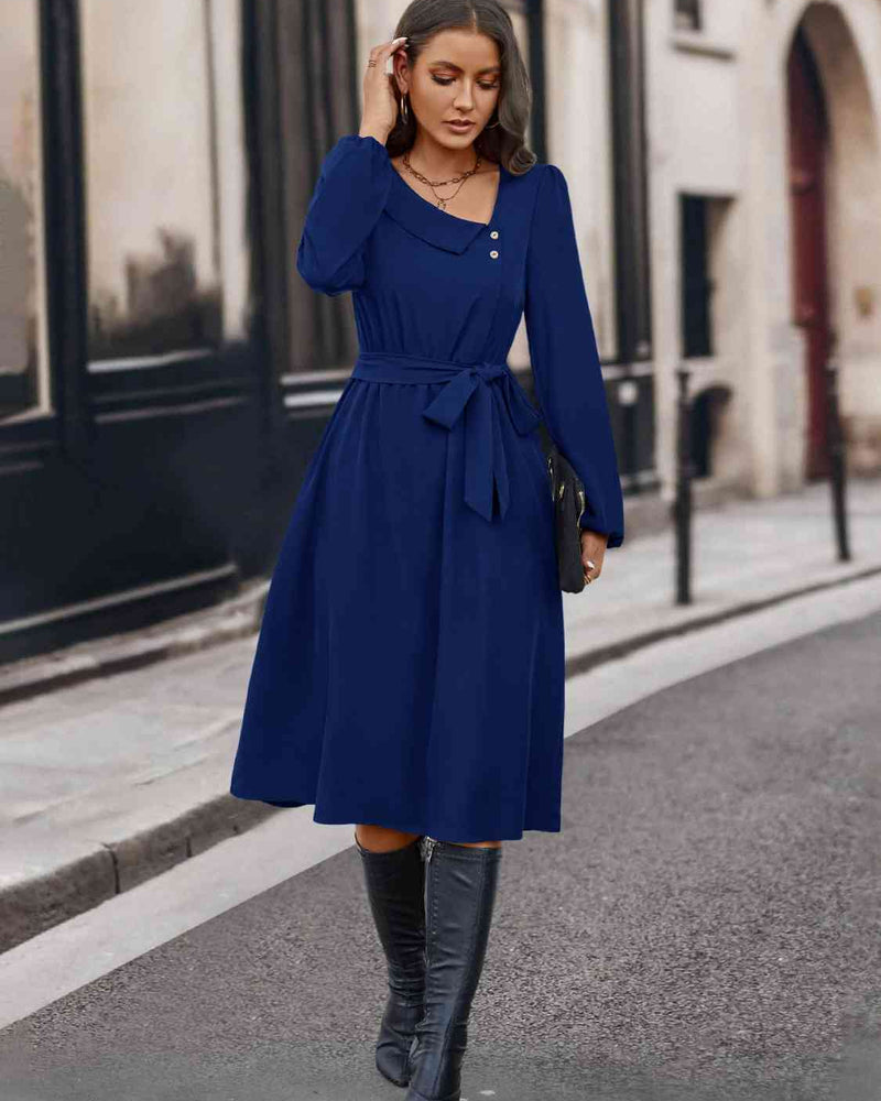 BEAUTIFUL I AM Buttoned Tie Front Long Sleeve Asymmetrical Neck Dress