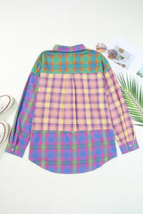 BEAUTIFUL I AM Contrast Plaid Pocketed Collared Neck Shirt