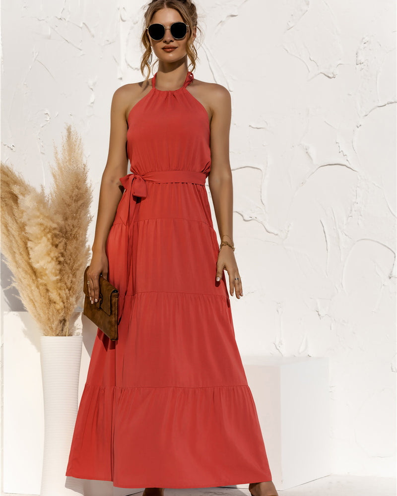 BEAUTIFUL I AM Halter Neck Tie Waist Tiered Maxi Dress