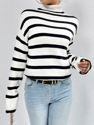 BEAUTIFUL I AM Striped Turtleneck Drop Shoulder Sweater