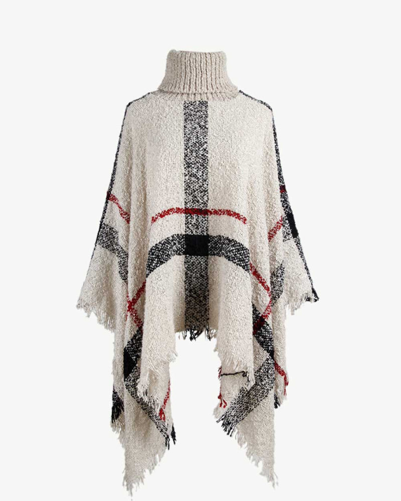BEAUTIFUL I AM Plaid Turtleneck Raw Hem Poncho