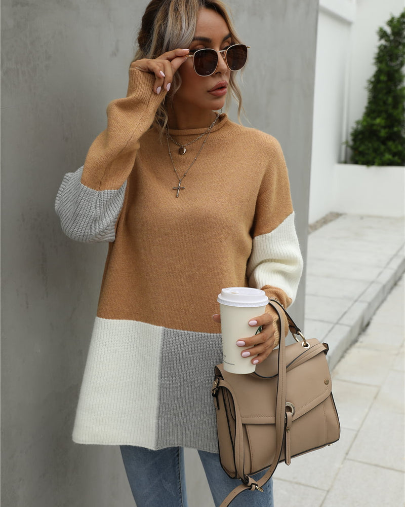 BEAUTIFUL I AM Color Block Round Neck Dropped Shoulder Sweater