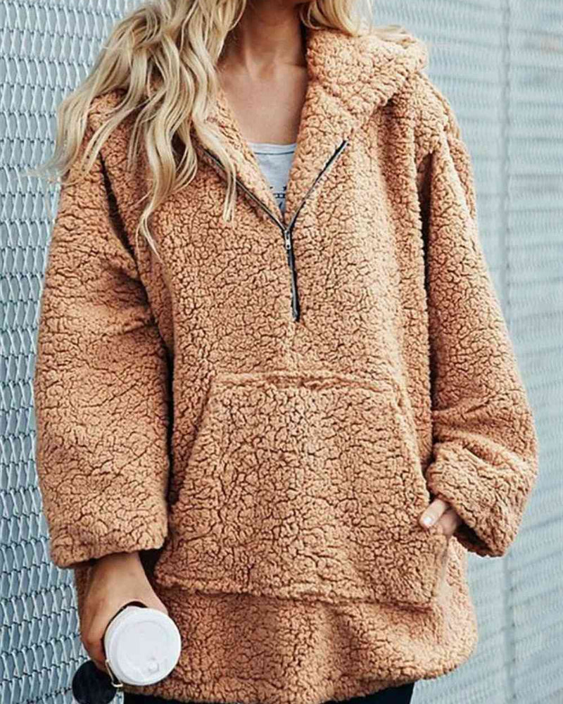 BEAUTIFUL I AM Full Size Half Zip Up Teddy Hoodie with Front Pocket