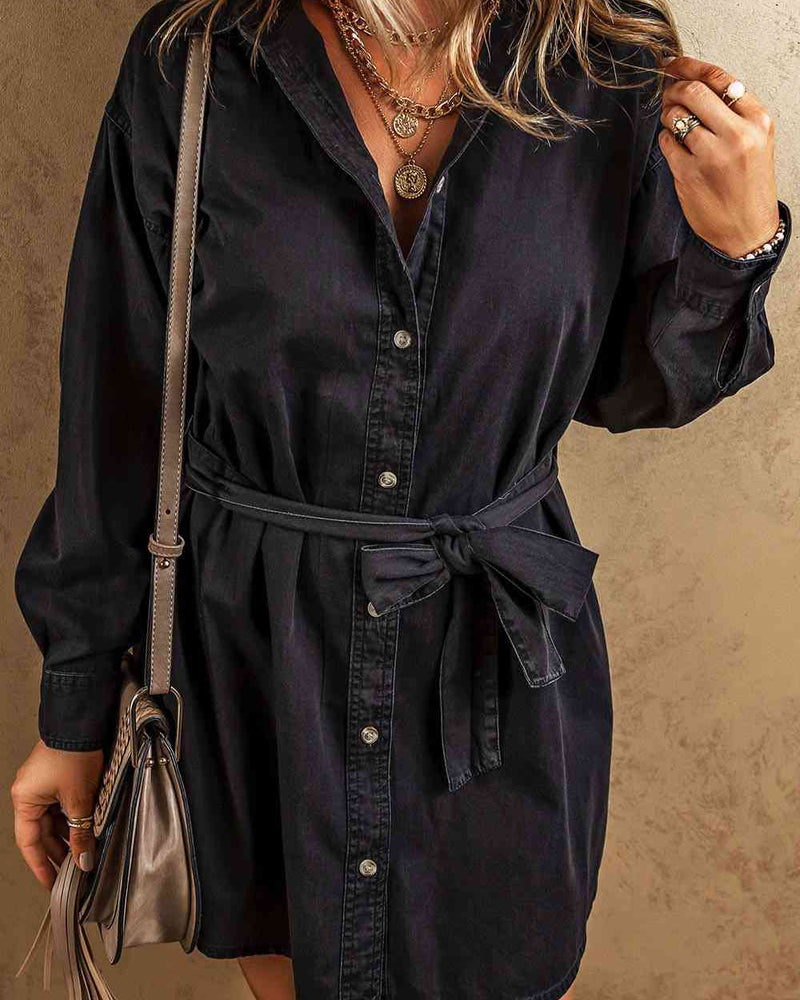 BEAUTIFUL I AM Button Up Collared Neck Denim Dress