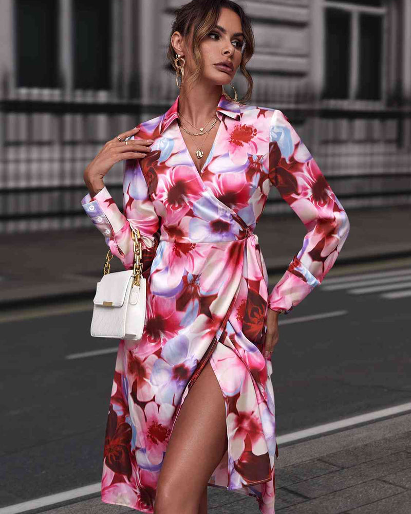 BEAUTIFUL I AM Floral Print Collared Neck Slit Dress