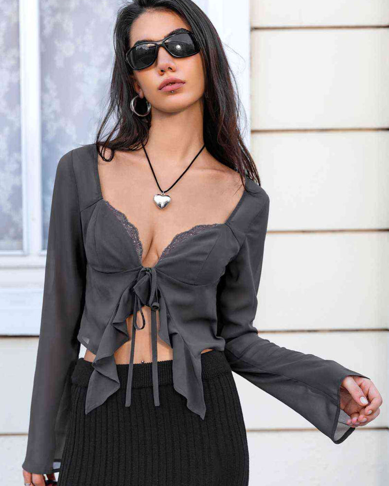 BEAUTIFUL I AM Tie Front Sweetheart Neck Shirt