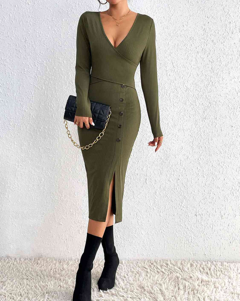 BEAUTIFUL I AM Buttoned Surplice Neck Slit Dress