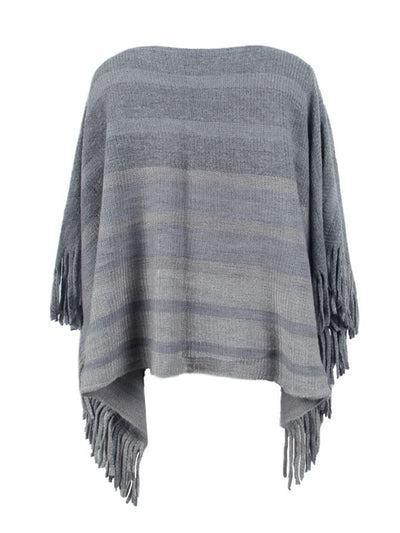 BEAUTIFUL I AM Striped Boat Neck Poncho with Fringes