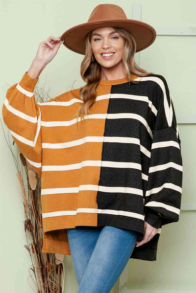 BEAUTIFUL I AM Striped Dropped Shoulder Round Neck Blouse Shirt
