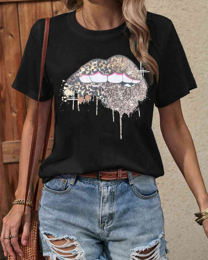 BEAUTIFUL I AM Lip Graphic Round Neck T-Shirt