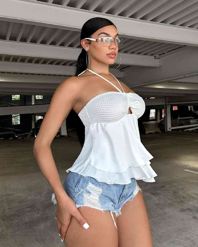 BEAUTIFUL I AM Waffle-Knit Cutout Halter Neck Layered Tank Shirt
