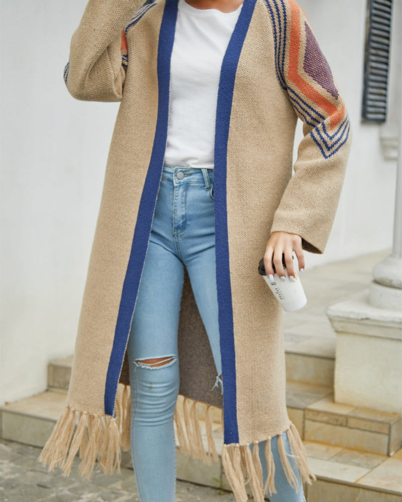 BEAUTIFUL I AM Geometric Fringe Hem Open Front Duster Cardigan