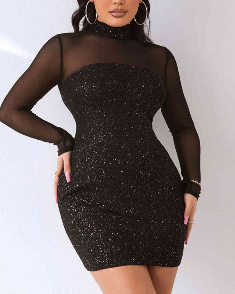 BEAUTIFUL I AM Sequin Mock Neck Mesh Dress
