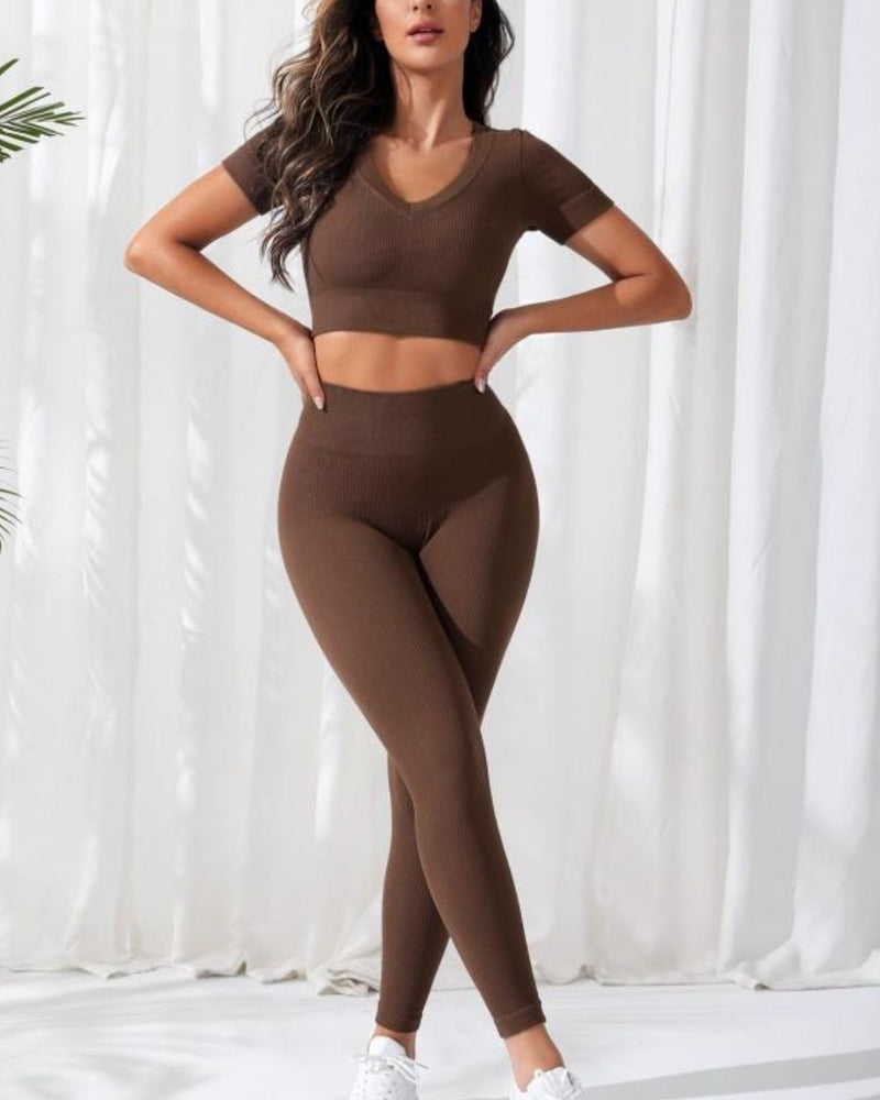 BEAUTIFUL I AM V-Neck Crop Top and High Waistband Long Active Wear