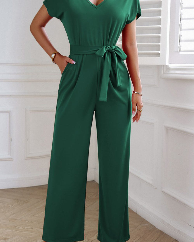 BEAUTIFUL I AM Tie Waist V-Neck Short Sleeve Pants Jumpsuit