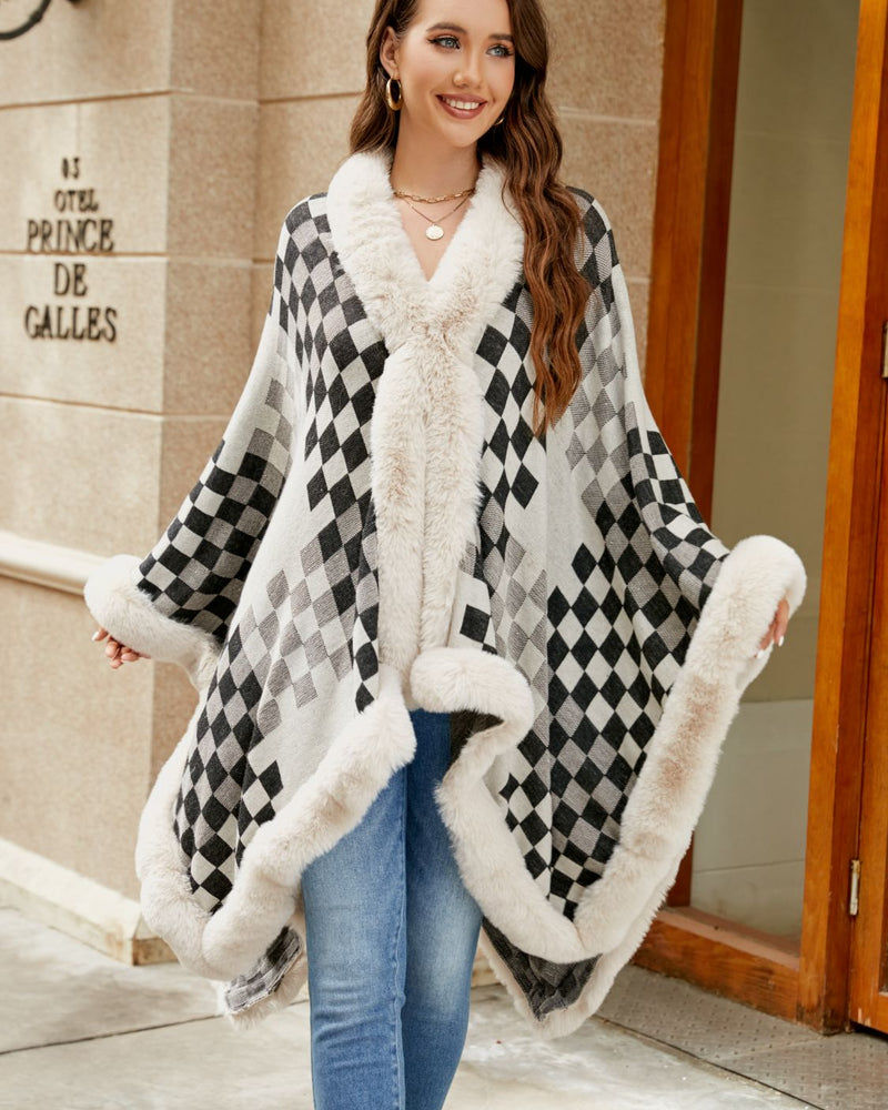 BEAUTIFUL I AM Checkered Faux Fur Trim Poncho