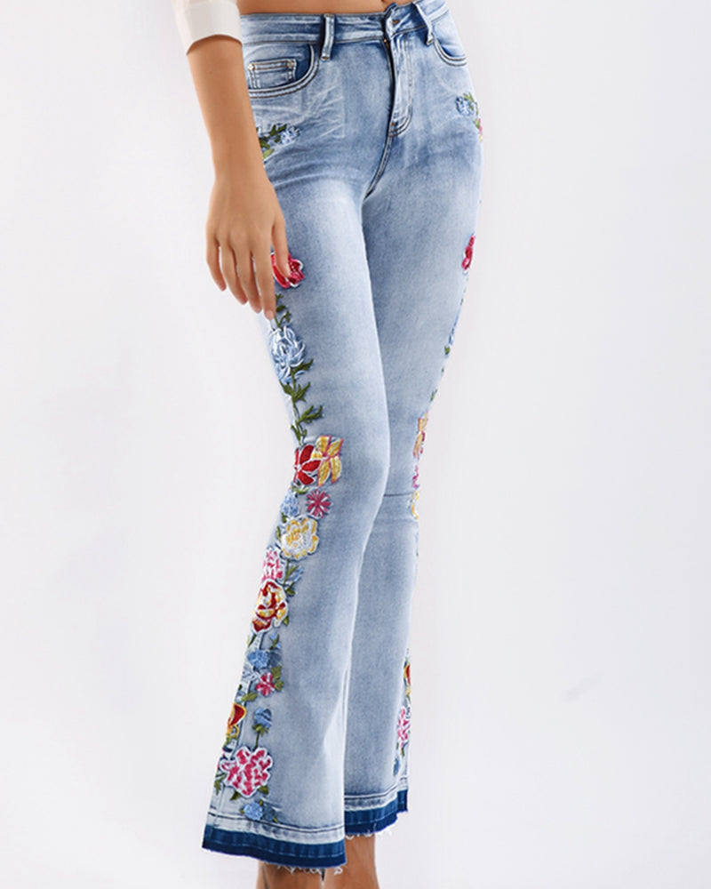BEAUTIFUL I AM Full Size Flower Embroidery Wide Leg Jeans