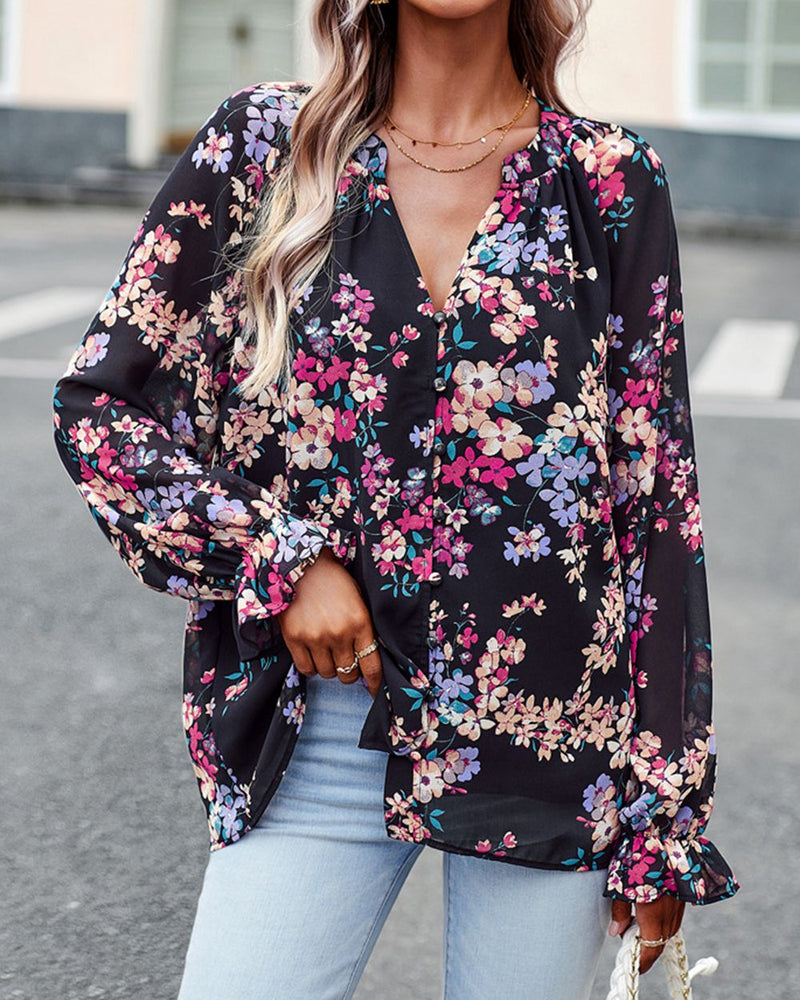 BEAUTIFUL I AM Floral Print Flounce Sleeve Blouse Shirt