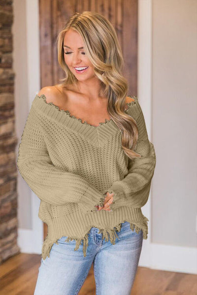 BEAUTIFUL I AM Frayed Hem Dropped Shoulder Sweater
